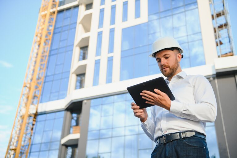 Engineer with a tablet surveying a commercial building