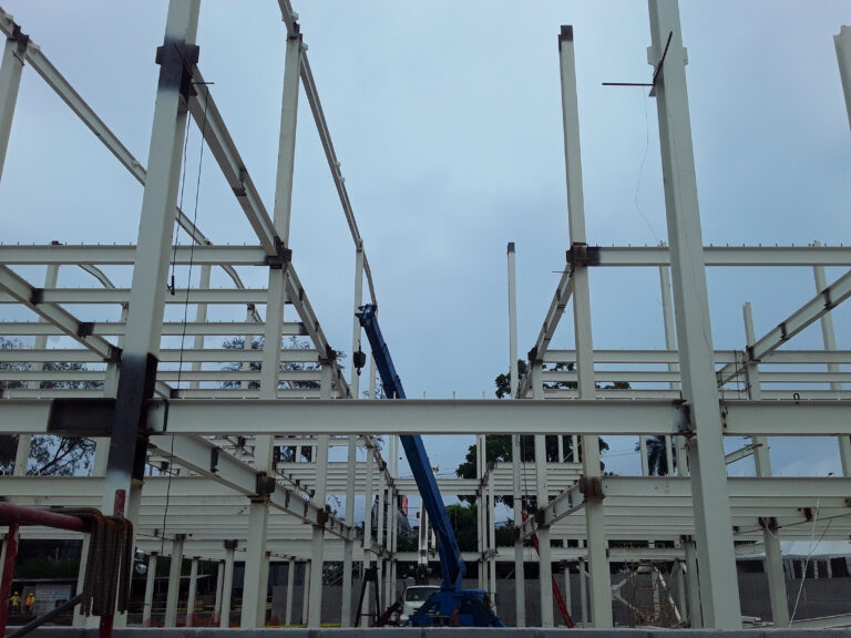 Steel frame under construction on a commercial site