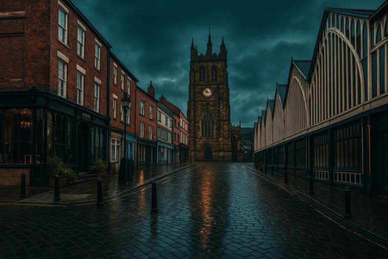 Stockport market place and St Mary's Church